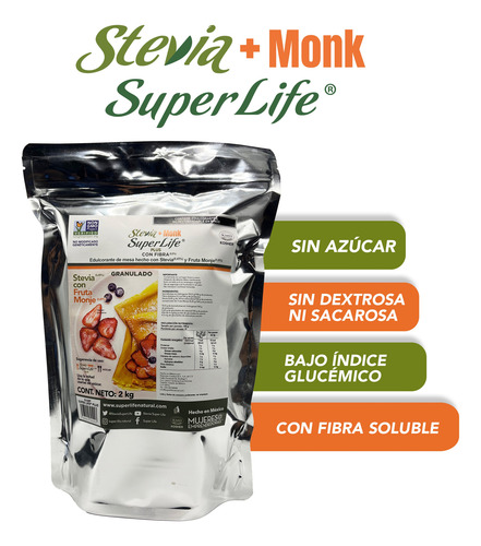 Stevia Super Life Plus 2 Kg Con Fibra Y Fruta Monje