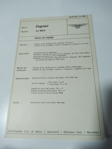 Jaguar 3,4 Mk2 Ficha Técnica Sistema Eléctrico