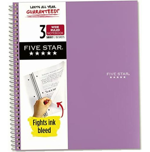 Five Star Cuaderno En Espiral, 3 Temas, Papel Rayado Ancho, Color Púrpura/Ombre Force