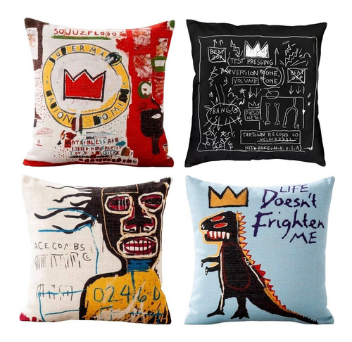 Set 4 Fundas Cojines Arte Basquiat Graffiti En Lino Crudo Jean Michel Basquiat