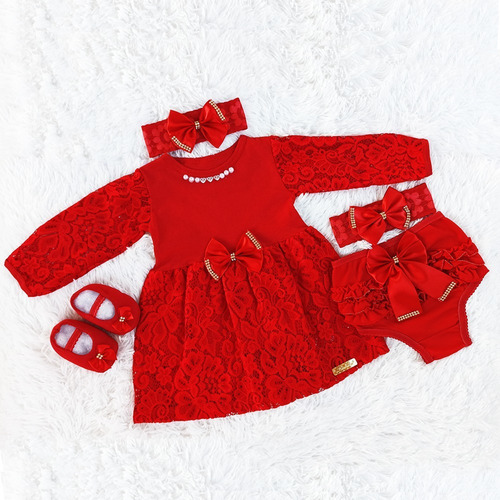 Vestido Para Bebê Manga Longa Renda Baby Kit 5 Pçs Luxo