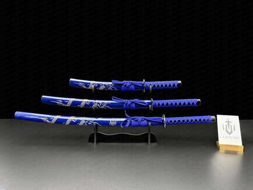 Set 3 Katanas Wakizashi Tanto Samurai Acero Espada Con Base Color Azul