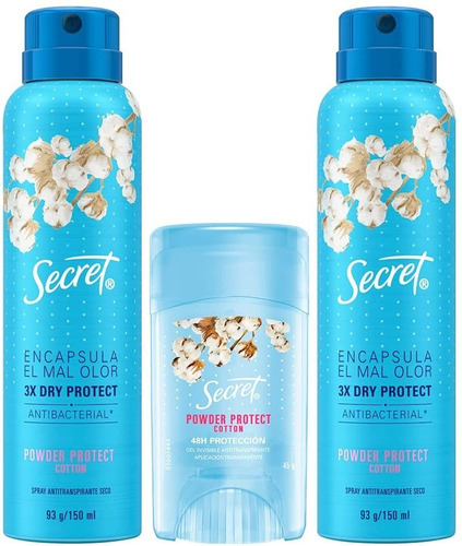 Antitranspirante Secret Spray 93g, 2uds + Secret Gel 45g Fragancia Cotton