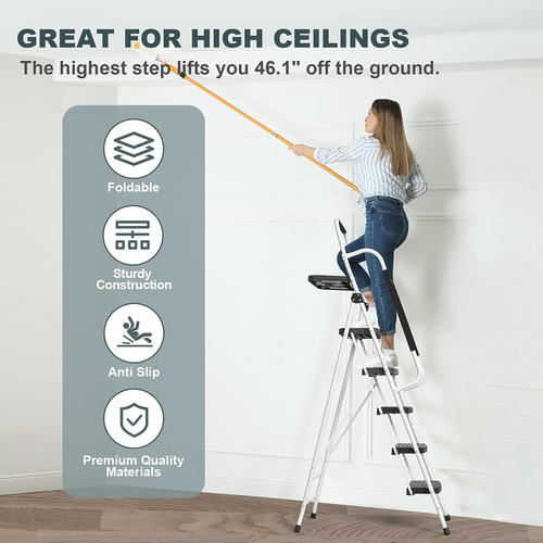 Soctone 5 Escalera Con Pasamanos, Taburete Plegable Con Plat