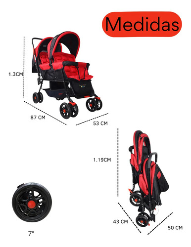 Carriola Doble Para Bebe, Plegable Super Ligera,cw Rojo Negro