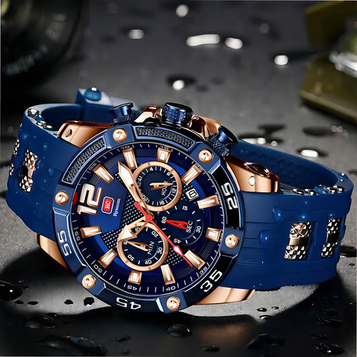 Reloj Para Hombre Marca Ryscom Sub Esferas Minutos Segundos Correa De Silicona Caja De Acero Inoxidble Mancillas Luminosas Verde Por La Noche Deportivo 3atm Calendario Azul Con Dorado