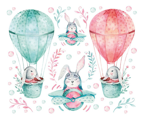Imagen 2 de 4 de Vinilos Decorativos Conejos Animales Acuarela Globos Cielo