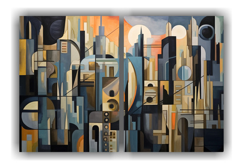 80x50cm Cuadro Ciudad Cubista En Dos Cuadros Bastidor Madera