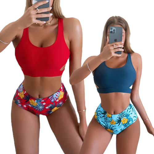 Mallas Bikini Tiro Alto 2 Piezas Con Push Up Varios Colores 