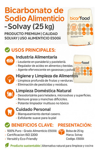 Bicarbonato De Sodio Solvay Maxima Pureza Alimenticio 25 Kg