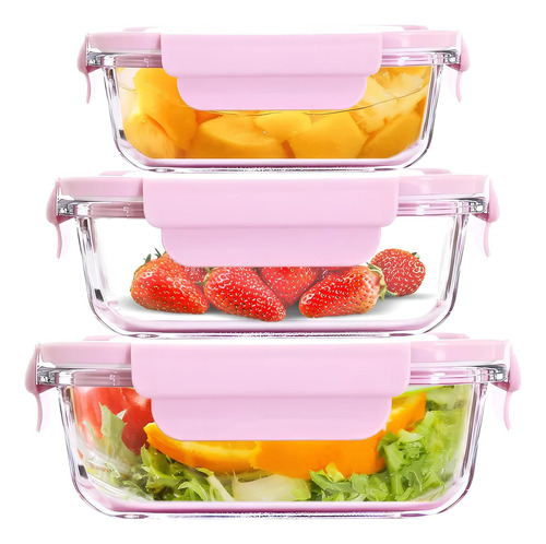 Contenedores Tóper Vidrio Hermético Recipiente De Cocina 3pz Rosa
