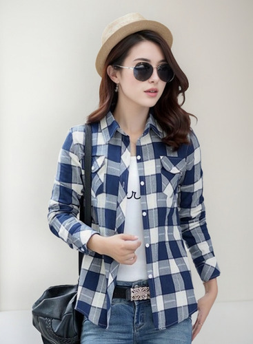 Ha Camisa De Mujer A Cuadros Tallas Grandes Algodón Slim Fit