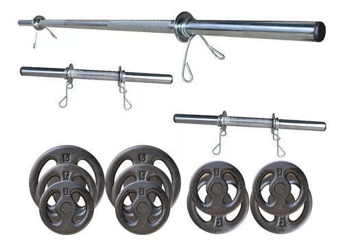Imagem 1 de 6 de Super Kit Para Musculação 30kg De Anilhas + Barras Cromadas