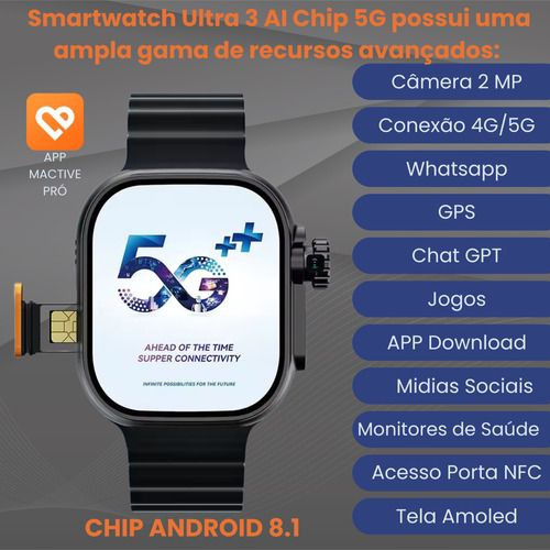 Smartwatch Ultra 3 Ai Chip 5g Câmera Wifi 16gb + Pulseiras