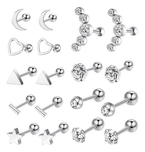 Juego De Aretes Tragus De 18 Piezas Joyas De Plata Acero Ino