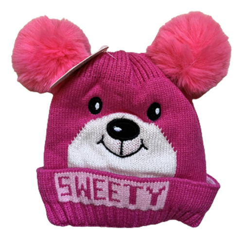 Gorro Invierno Infantil De Lana Diseño Oso Unisex Con Pompon