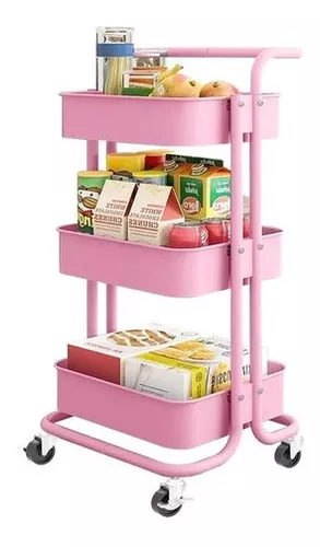 Carrito Auxiliar Organizador Multi-usos 3 Niveles Ruedas 360 Color Rosa