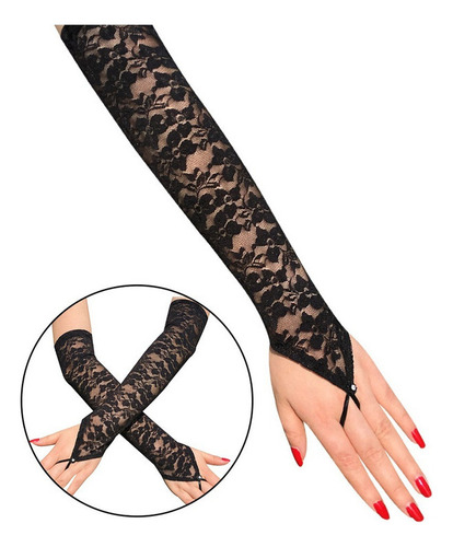A 2x Guantes Sin Dedos Con Encaje De Codo Largo Para Mujer
