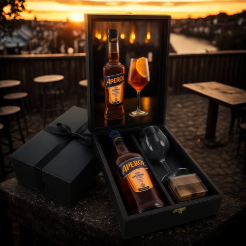 Kit Presente Aperol Spritz 750ml Caixa Madeira Taça Laranja