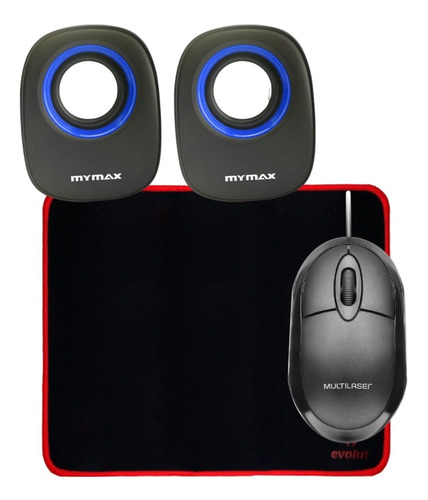  Caixa De Som P/ Notebook Pc + Mouse + Mouse Pad Pc Notebook