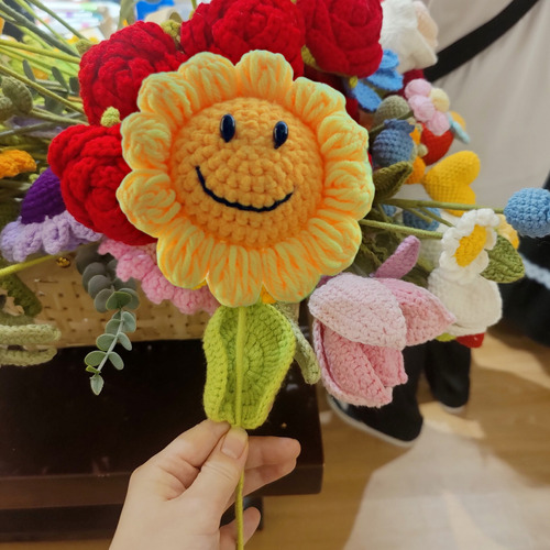 Flores Crochet Ramo De Girasol Hilo Algodón Adornos Color Girasol Sonriente Muramaudi 2819