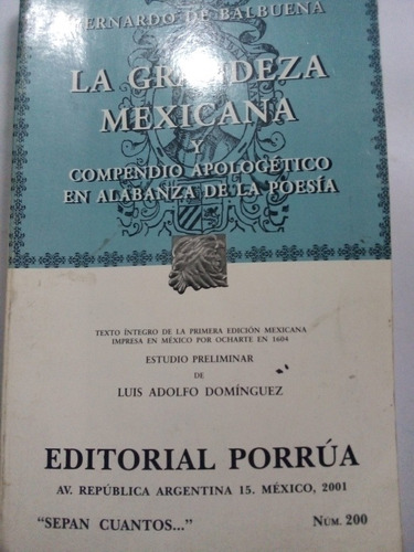 La Grandeza Mexicana Bernardo De Balbuena Ed. Porrúa