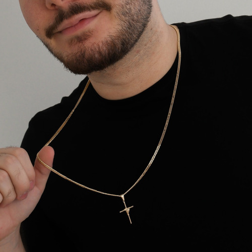 Imagem 2 de 3 de Corrente Masculina Cordão Grumet Banhada Ouro Pingente Cruz