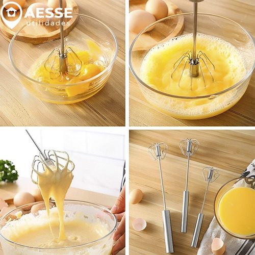 Batidor semiautomático giratorio para huevos de acero inoxidable transparente