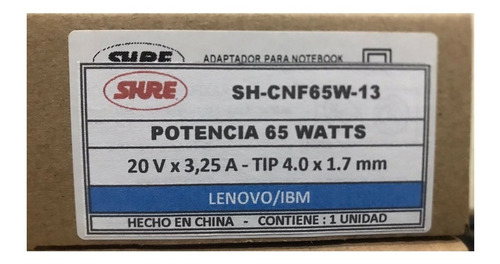 Imagen 2 de 2 de Cargador Notebook Para Lenovo 20v 3.25a 4.0x1.7 Cnf65w-13
