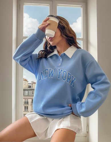 Buzo Pullover Celeste Con Cuello Blanco