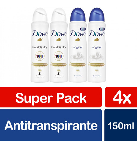 Imagen 1 de 3 de Dove Desodorante En Aerosol Invisible Dry Y Original 4unid