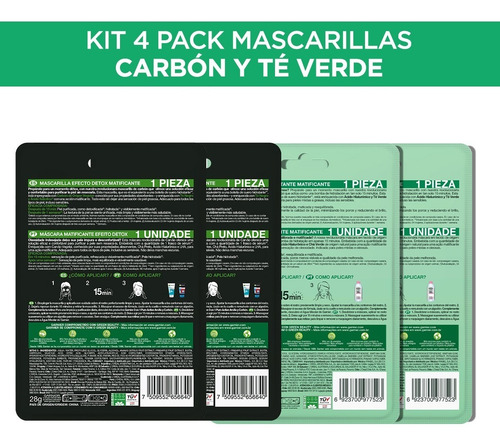 Imagen 2 de 5 de Kit Garnier 4pack: 2 Mascarilla En Tela Té Verde Y 2 Carbón