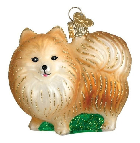 Old World De Navidad Vidrio Blown Pomeranian W/verde Ornamen