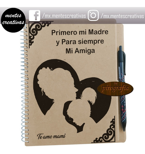 Libreta Personalizada Madera Mdf Madre E Hija Pirograbada 