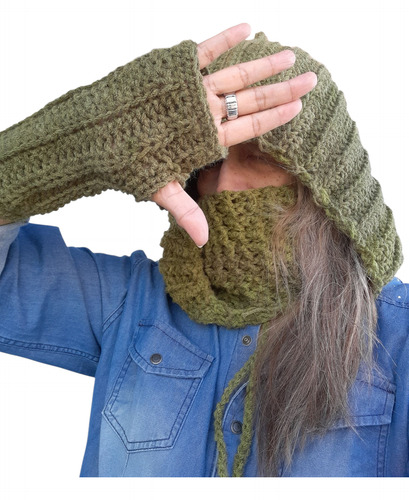 Cuello Capucha Tejido A Crochet Con Mitones. Verde Musgo Liso Unico