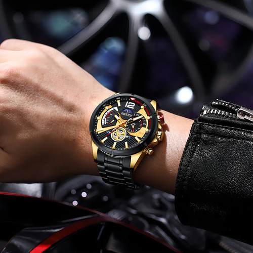 Reloj De Cuarzo Cronógrafo Luminoso De Lujo Nibosi Color Del Fondo Dorado/negro