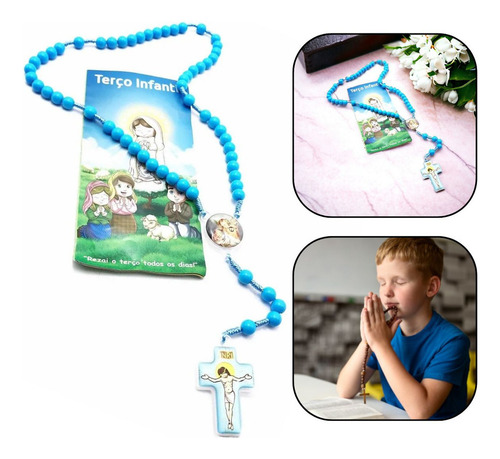 Terço Infantil Para Crianças Azul No Cordão Com Folheto
