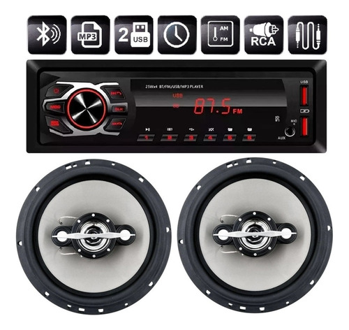 Kit Som Carro Radio Mp3 Bt 2 Usb E Par Alto Falantes 6 Poleg