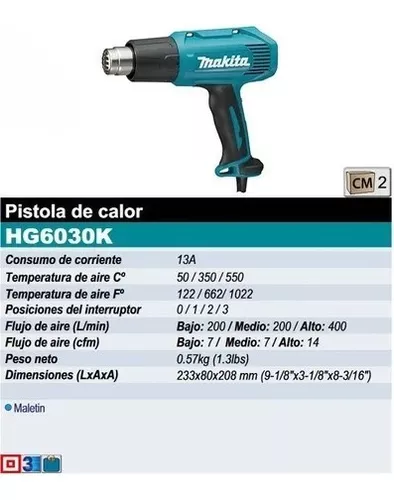 Pistola Calor Hg6030k 50-350-550 C. 3 Temp. 13 Amp. Makita