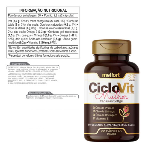 Melfortl Ciclovit Mulher Óleo De Prímula Oleo De Linhaça Óleo De Borragem Kit 2 Unidades 120 Cápsulas Softgel Sem Sabor