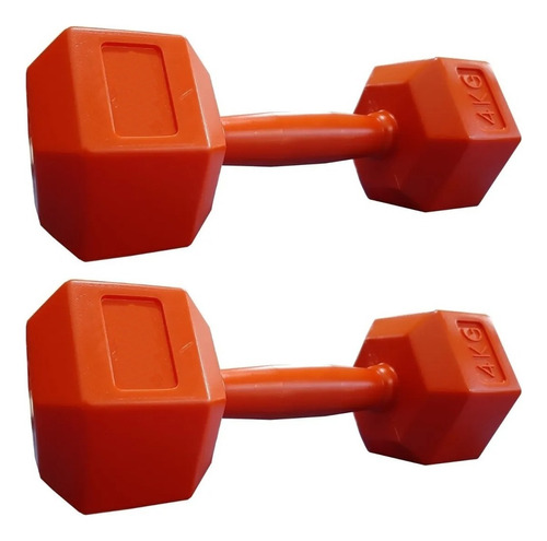 Par Mancuernas Pvc 4 Kg Hexagonal Pesa Plastica Rellena Gym Color Hexagonal Naranja