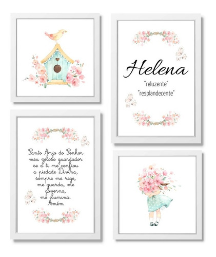 Kit 4 Quadros Decorativos Menina Aquarela Flores Passarinho