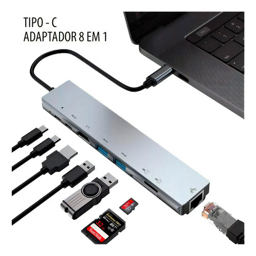 Adaptador de hub tipo C 8 en 1 con salida USB Hdmi para portátil