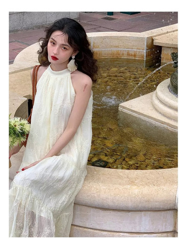 Vestido De Encaje Con Cuello Halter Sin Mangas En Color Liso
