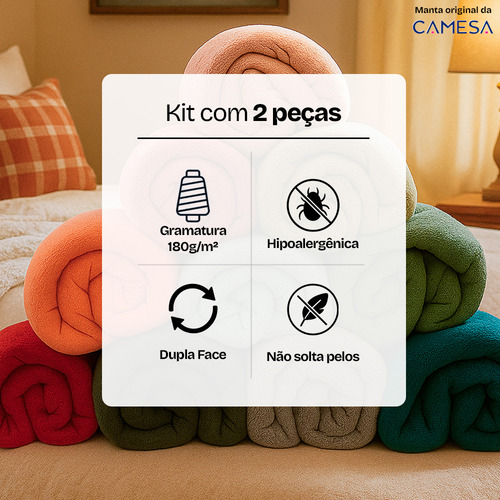 Kit 2 Manta Cobertor Microfibra 180x220cm Soft Macia Casal Camesa