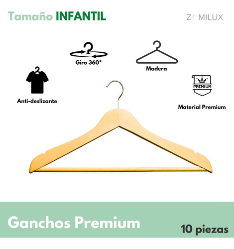 10 Ganchos Para Ropa Infantil De Madera Zomilux - Perchas