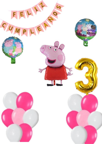 Combo3 Decoracion  Globos Peppa Pig + Banderin  + Numero 