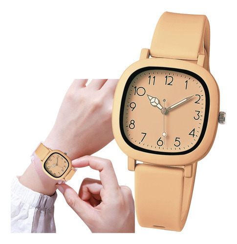Relógio Feminino Moderno Quartz Cores Sofisticado Fundo Salmão Quadrado Silicone