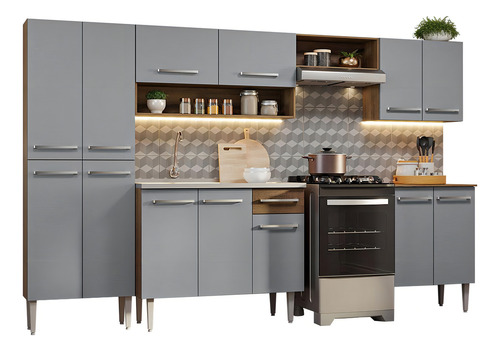 Armário Cozinha Completa 293cm Com Pia Emilly Madesa 08 Rc Cor Rustic/Cinza