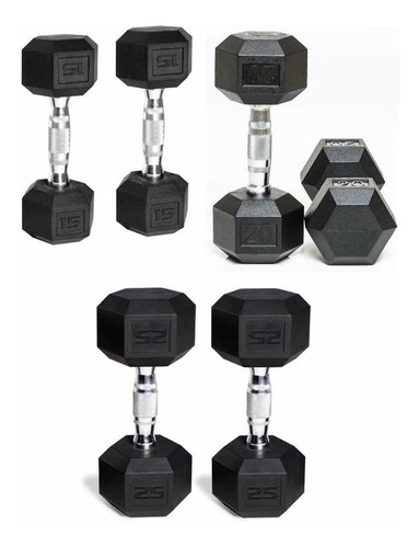 Set 6 Mancuernas Rubber Hex Dumbbell Pares 15lb 20lb 25lb